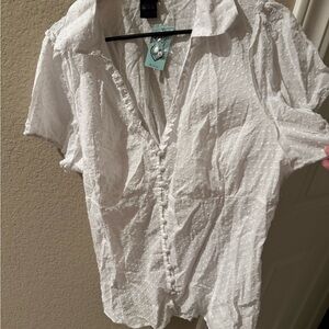 Torrid White Button-Down Shirt with Textured Dots